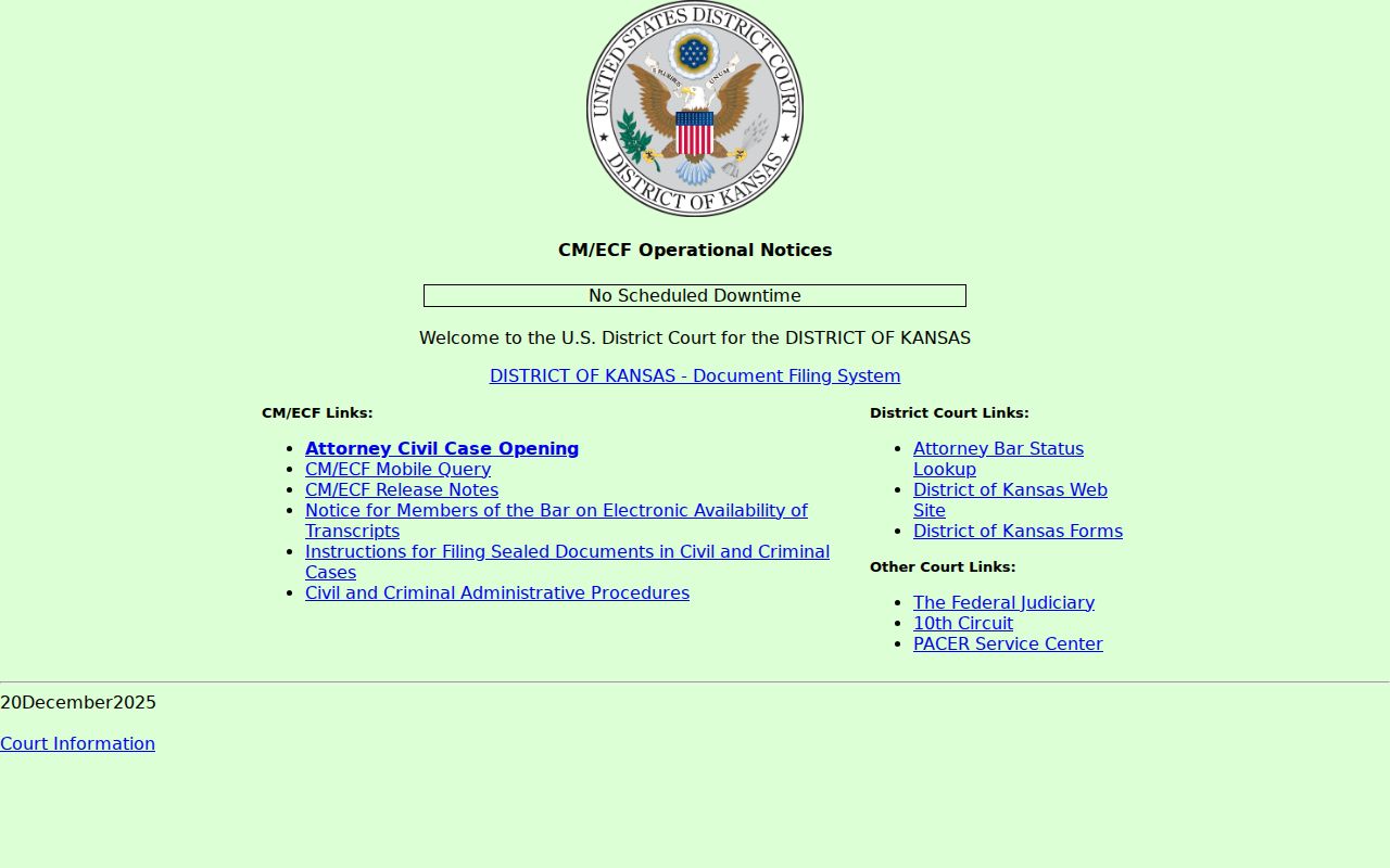 United States District Court for the District of Kansas CM ECF interface