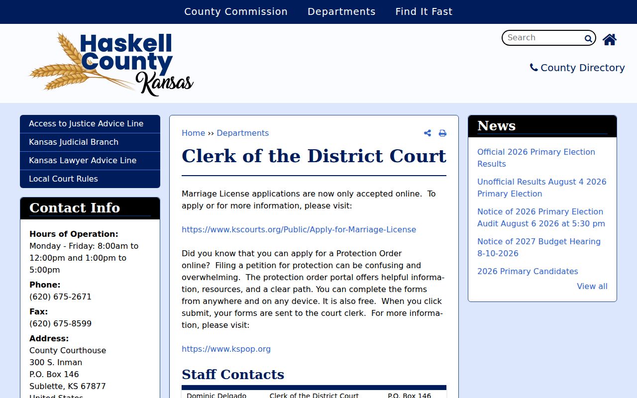 Official Haskell County Clerk of the District Court page