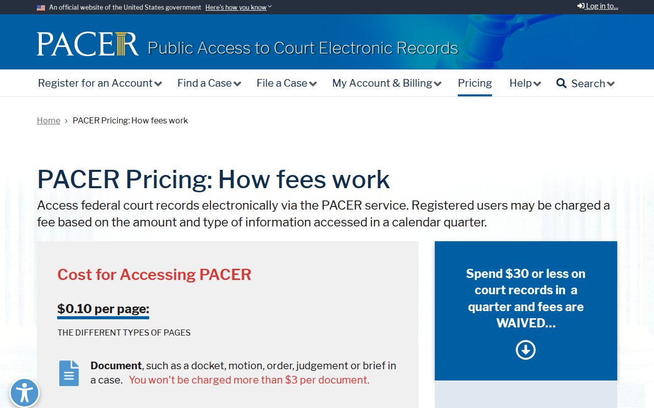 Official PACER pricing page for separate federal court access